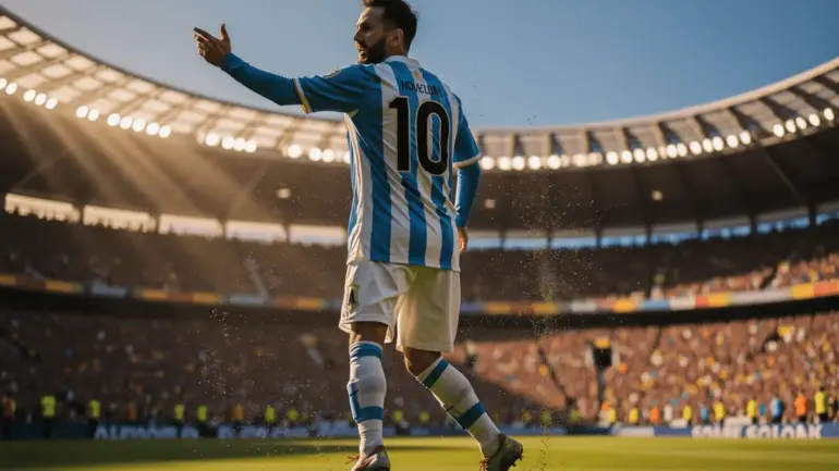 Lionel Messi celebrates scoring for Argentina at 2026 World Cup in dramatic stadium lighting