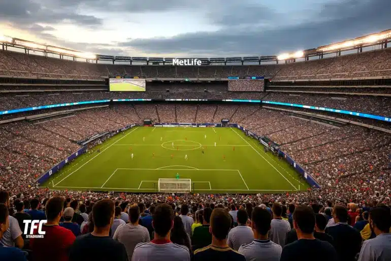 MetLife Stadium soccer field during a match with a crowded audience.