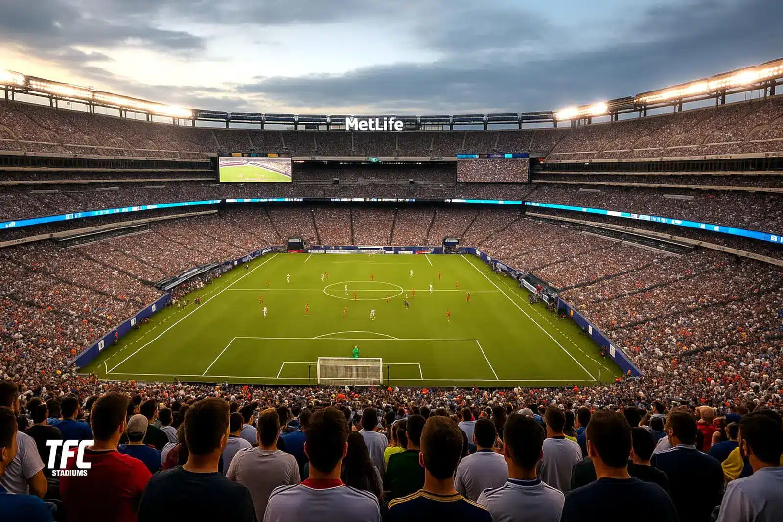 MetLife Stadium soccer field during a match with a crowded audience.