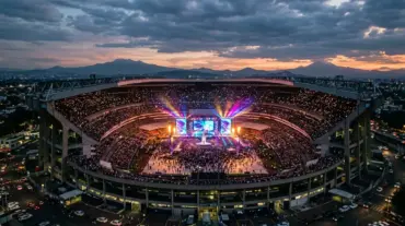 Estadio Ciudad de México illuminated for 2026 World Cup opening ceremony with stage lights and crowds