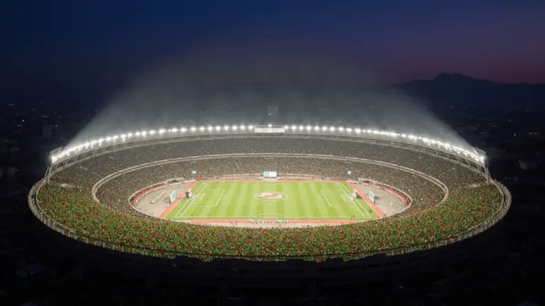 Estadio Azteca illuminated at night during World Cup match with packed crowd and mountain backdrop