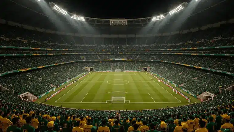 Estadio Azteca lit up at night during Mexico vs Ecuador World Cup 2026 knockout match