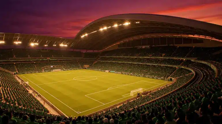 Estadio Akron stadium in Guadalajara packed with fans under floodlights for Mexico vs South Korea World Cup match