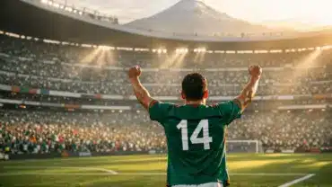 Mexican player celebrating at packed Estadio Azteca with mountain backdrop during World Cup 2026