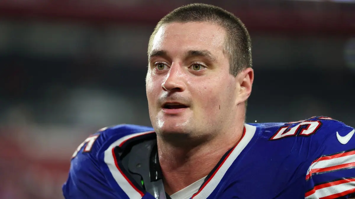 Close-up of Michael Hoecht, Buffalo Bills player, in game uniform.
