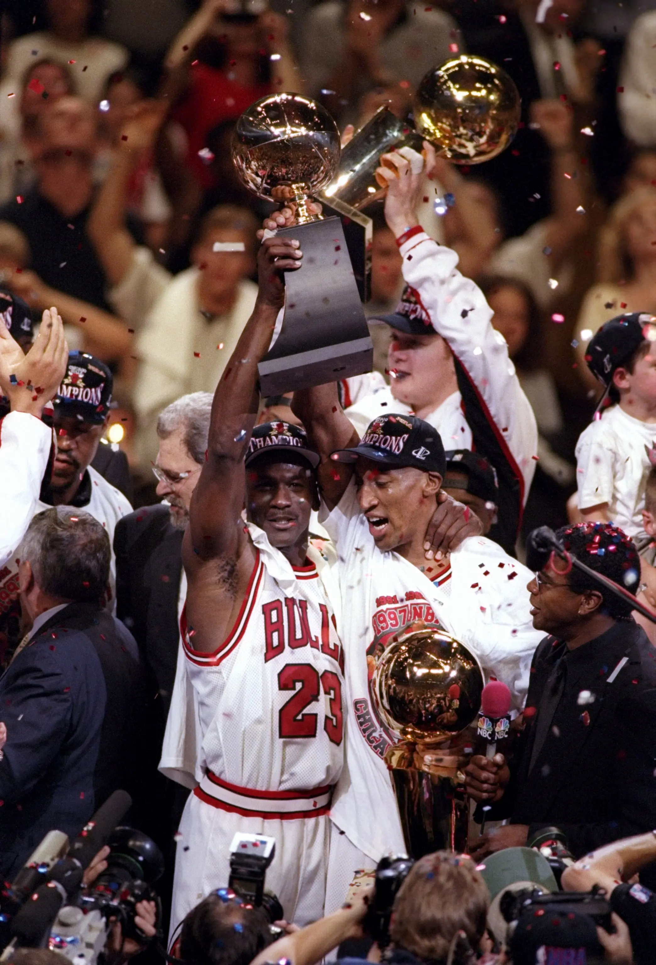 Michael Jordan and Scottie Pippen celebrate winning an NBA championship with the Chicago Bulls.