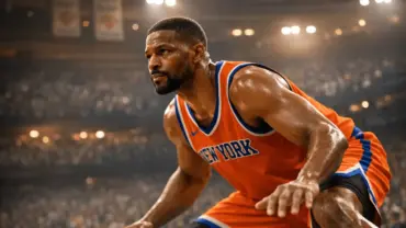Mikal Bridges in Knicks uniform showing focused composure during 2026 NBA Finals game at Madison Square Garden