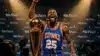Mikal Bridges celebrating with NBA championship trophy at press conference after Knicks title win