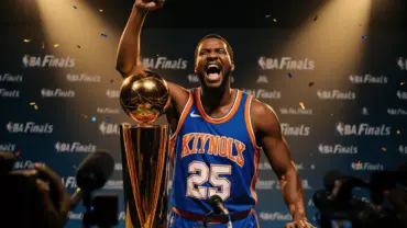 Mikal Bridges celebrating with NBA championship trophy at press conference after Knicks title win