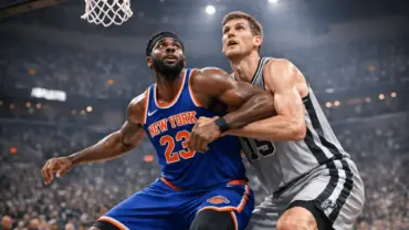 NBA centers Mitchell Robinson and Victor Wembanyama in physical contact battling for position during Finals game