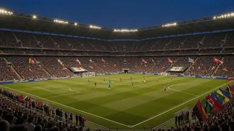 Packed World Cup stadium at night with illuminated soccer pitch and crowd during international match