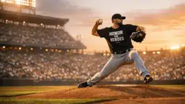 NFL star throwing ceremonial first pitch at packed baseball stadium during sunset