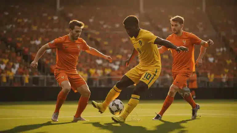 Netherlands and Sweden soccer players competing in intense World Cup 2026 Group F match action at NRG Stadium