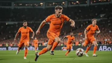 Netherlands attacking players in orange jerseys during intense World Cup match action