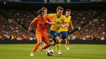 Netherlands vs Sweden World Cup match action with players competing for the ball in orange and yellow jerseys