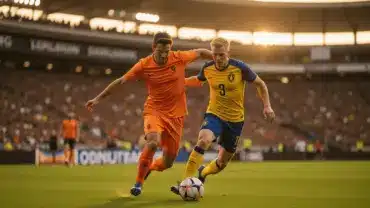 Netherlands and Sweden soccer players competing for ball during World Cup 2026 Group F match