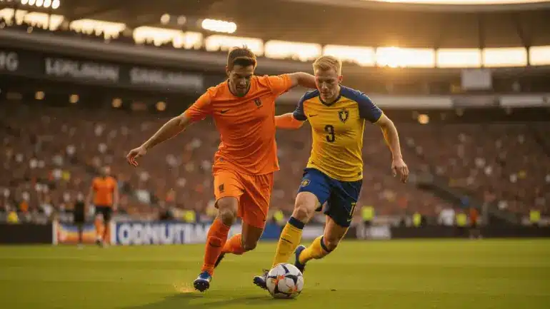 Netherlands and Sweden soccer players competing for ball during World Cup 2026 Group F match
