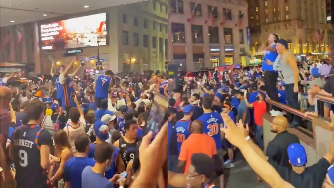 Crowd of ecstatic New York Knicks fans outside Madison Square Garden celebrating.