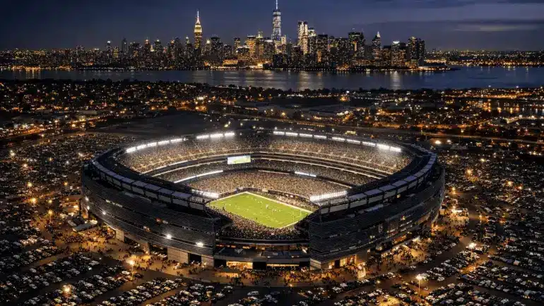 Aerial view of illuminated MetLife Stadium at night with New York City skyline in background