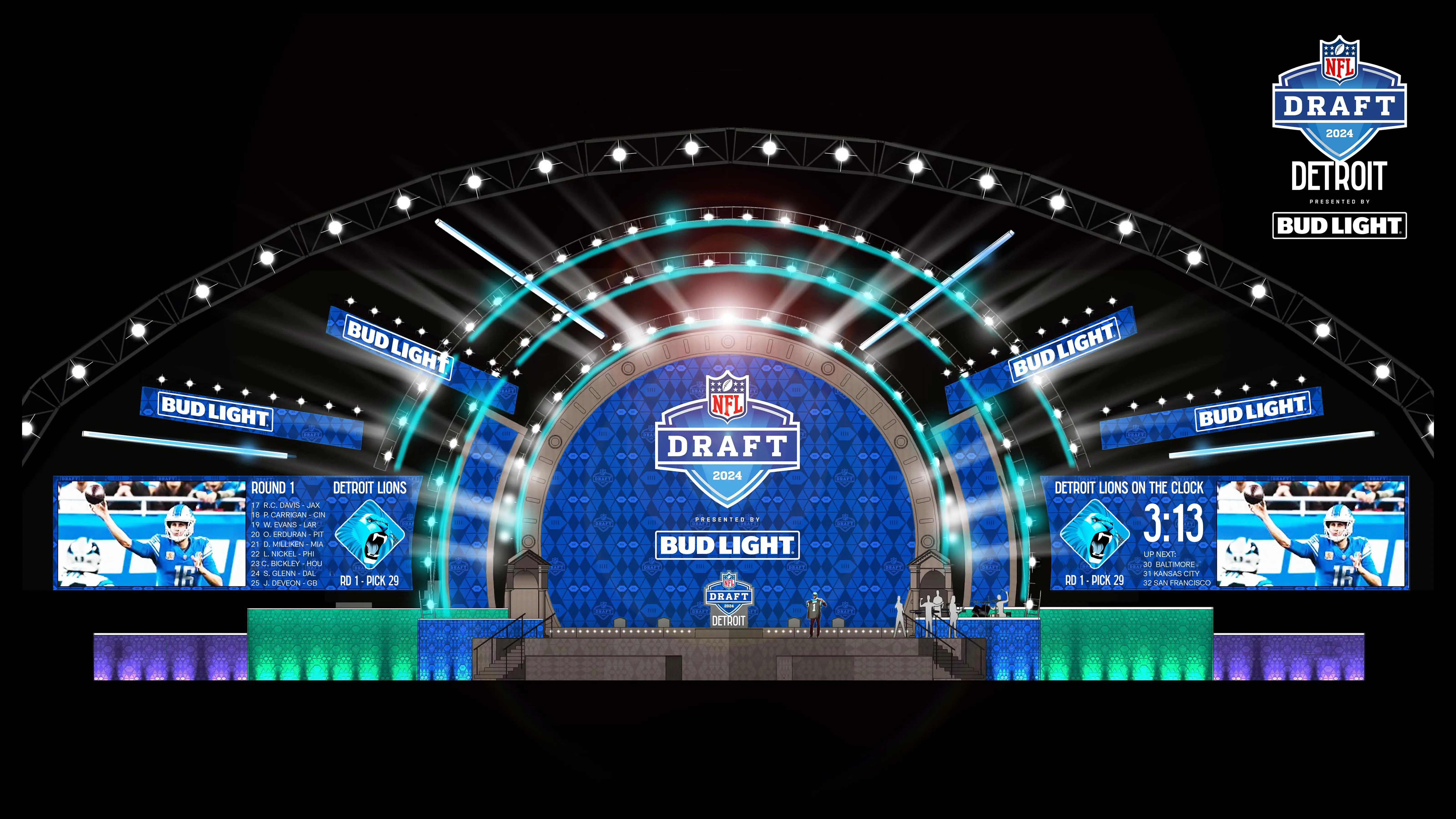 NFL Draft 2024 stage with Detroit Lions pick details and Bud Light signage.