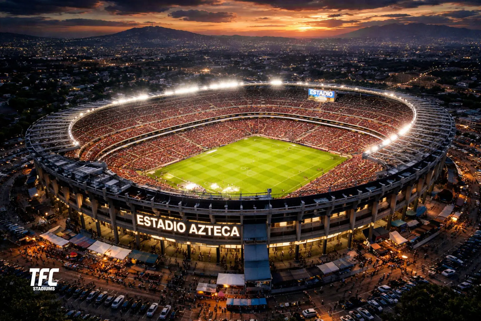 Aerial view of Estadio Azteca, filled with people during an event, at sunset.
