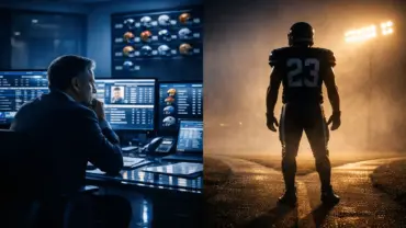 NFL general manager in war room analyzing trade scenarios with player silhouette at crossroads