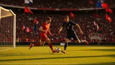 Norway and France players competing for the ball during an intense World Cup 2026 match at a packed stadium