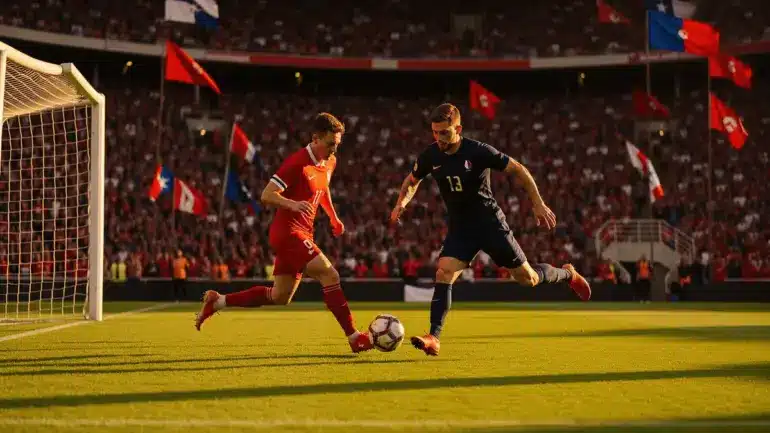 Norway and France players competing for the ball during an intense World Cup 2026 match at a packed stadium