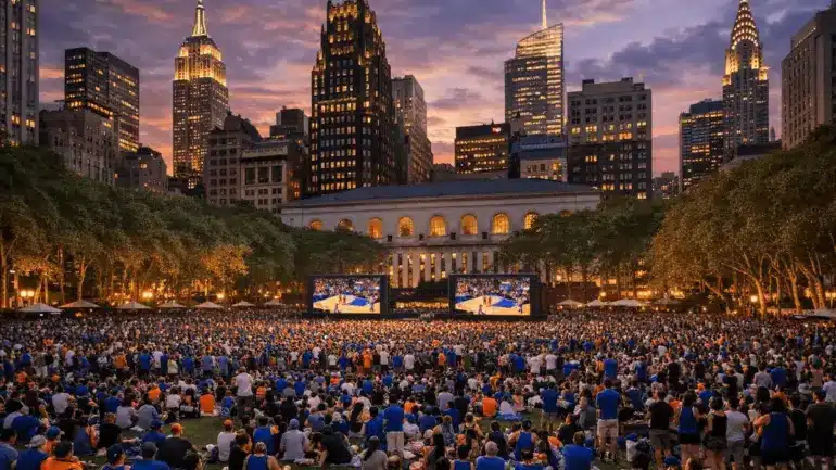 Aerial view of packed Bryant Park NYC watch party with Manhattan skyline at dusk