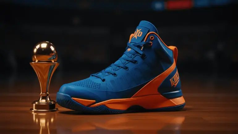 Blue and orange basketball sneaker on hardwood court with championship lighting