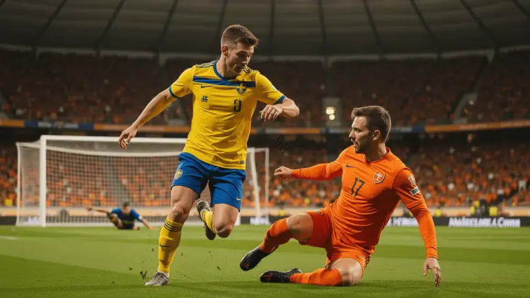 Sweden striker shooting on goal against Netherlands defender in World Cup 2026 indoor stadium match