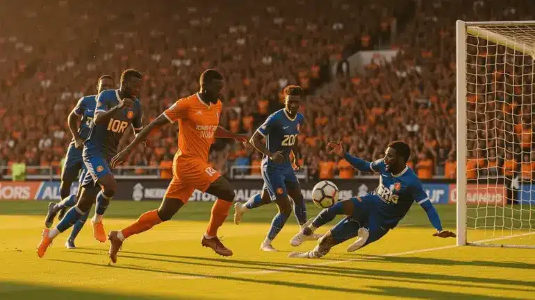 Ivory Coast soccer players attacking against Curacao in intense World Cup match action