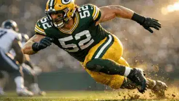 Green Bay Packers edge rusher in explosive pass-rush stance during NFL game action