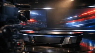 Professional sports broadcasting studio with dramatic lighting and modern television production equipment