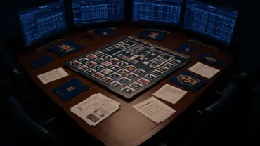 NBA draft war room with illuminated draft board and strategic documents during trade negotiations