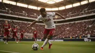 USA striker taking powerful shot on goal at SoFi Stadium during World Cup 2026 match