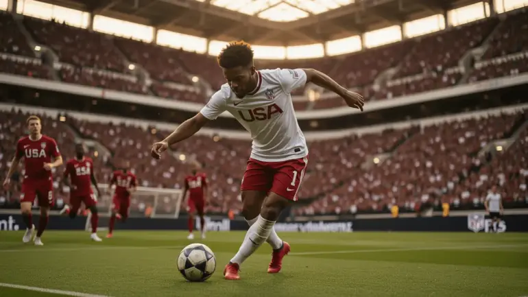 USA striker taking powerful shot on goal at SoFi Stadium during World Cup 2026 match