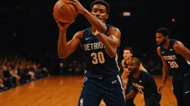 NBA player catching basketball in shooting motion on the wing with defenders approaching in arena