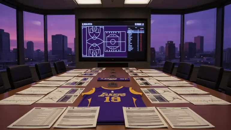 NBA front office war room with trade documents and contract negotiations setup