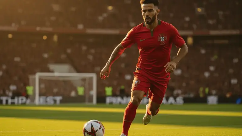 Portugal national team player in action on stadium pitch during World Cup match