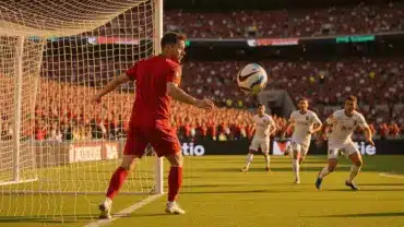 Portugal player shooting on goal against Uzbekistan defenders during FIFA World Cup 2026 Group K match