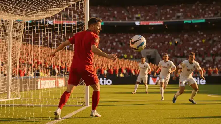 Portugal player shooting on goal against Uzbekistan defenders during FIFA World Cup 2026 Group K match