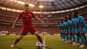 Portugal player in red jersey facing DR Congo defenders at NRG Stadium during 2026 FIFA World Cup match