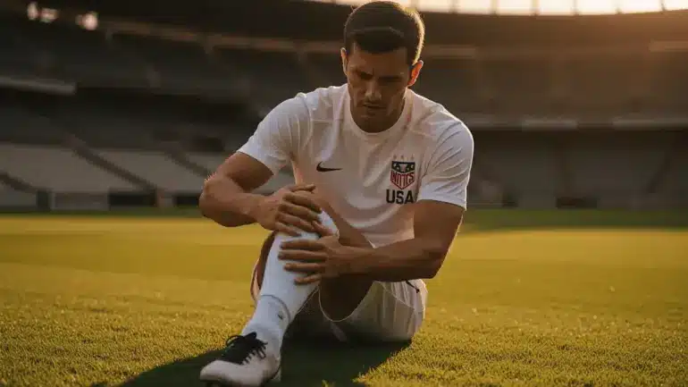 Soccer player holding calf injury on stadium field during golden hour