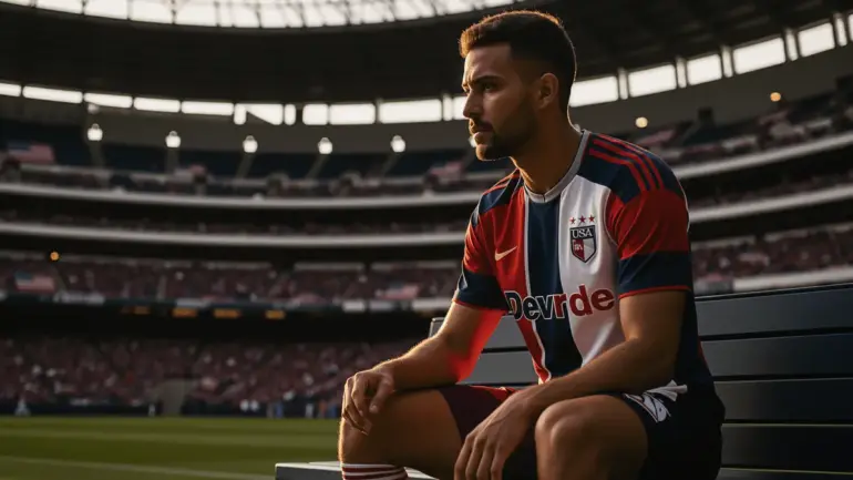 USA soccer player with calf injury sitting on bench at Lumen Field stadium before World Cup match