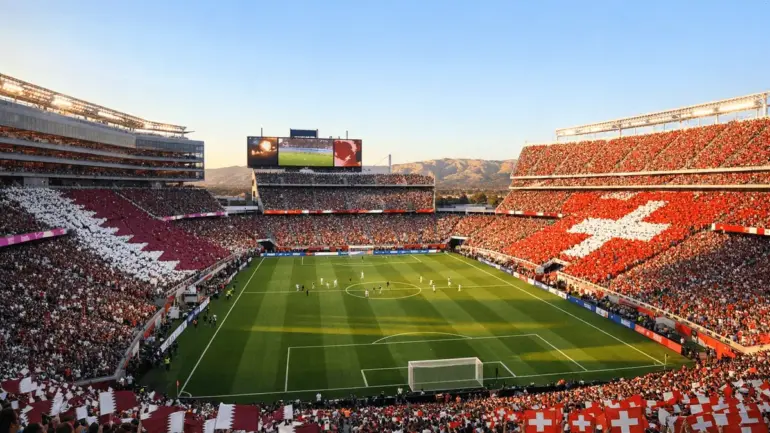 Levi's Stadium packed with Qatar and Switzerland fans during 2026 FIFA World Cup Group B match