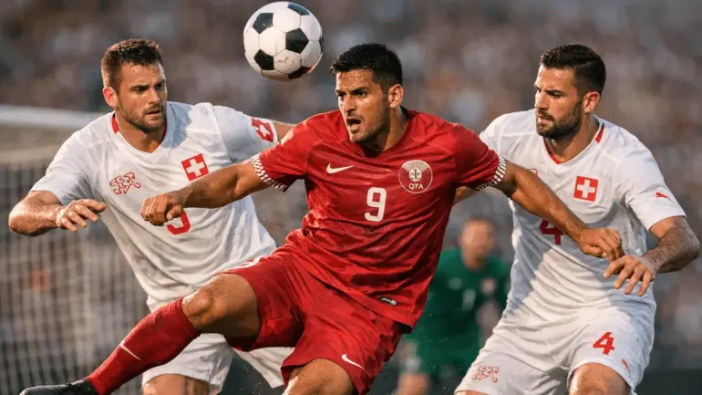 Qatar and Switzerland players competing for the ball during World Cup soccer match