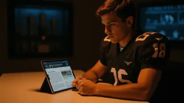 Young quarterback studying on tablet late at night in football training facility