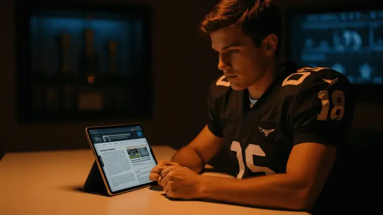 Young quarterback studying on tablet late at night in football training facility