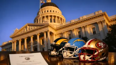 California State Capitol with NFL team helmets and legislative bill document